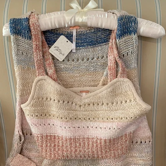 FREE PEOPLE SOUTHWEST SWEATER SET COTTON CROCHET KNIT IN SUNSET COMBO SIZE L - Picture 11 of 16